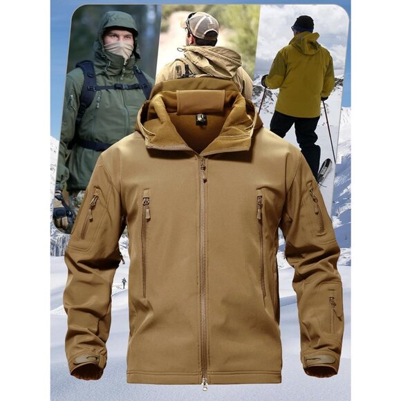 Men's #10-sand Tactical Soft Shell Winter Jacket with Fleece Lining & Hood - Picture 6 of 6
